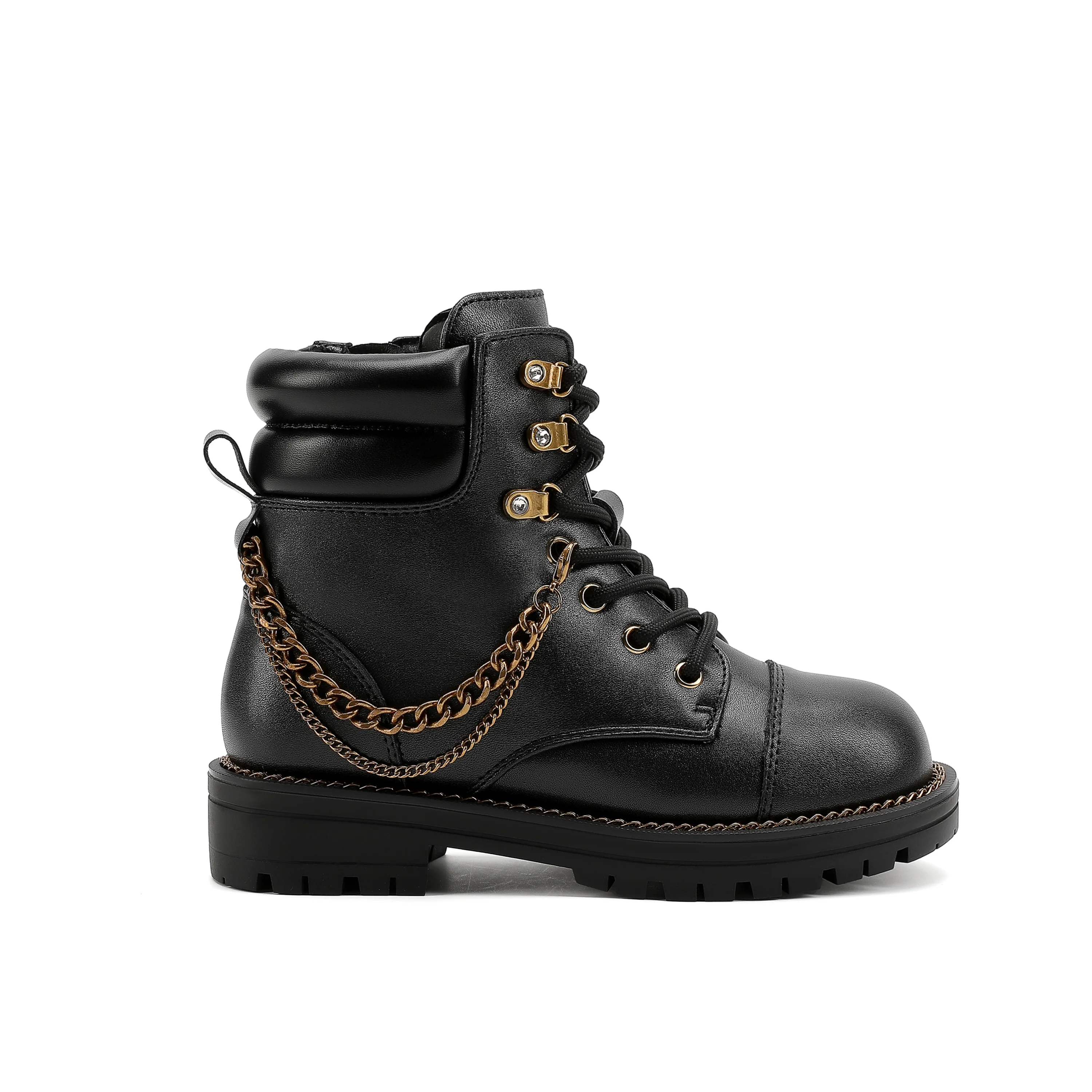 Chain Combat Boot - Big Kid Black Smooth